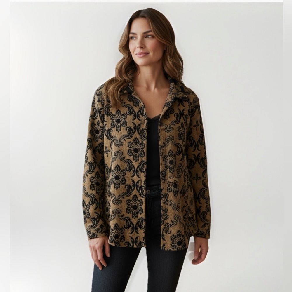 Vintage Collin Creek Sz 12 Black Gold Blazer Jacket Floral Damask Flocked USA - Picture 4 of 9